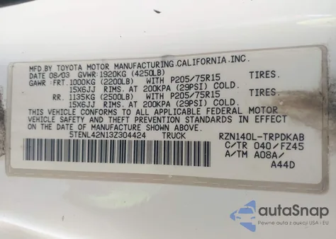 2003 Toyota Tacoma z USA, uszkodzony, nr VIN 5TENL42N13Z304424